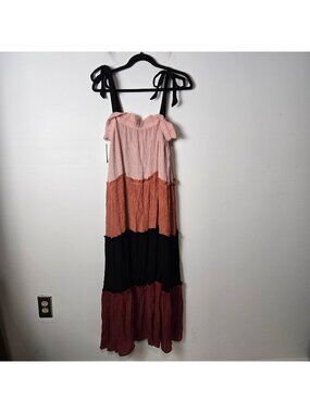 Blu Pepper Size L Tiered Colorblock Sleeveless Maxi Dress Square Neck Tie Straps